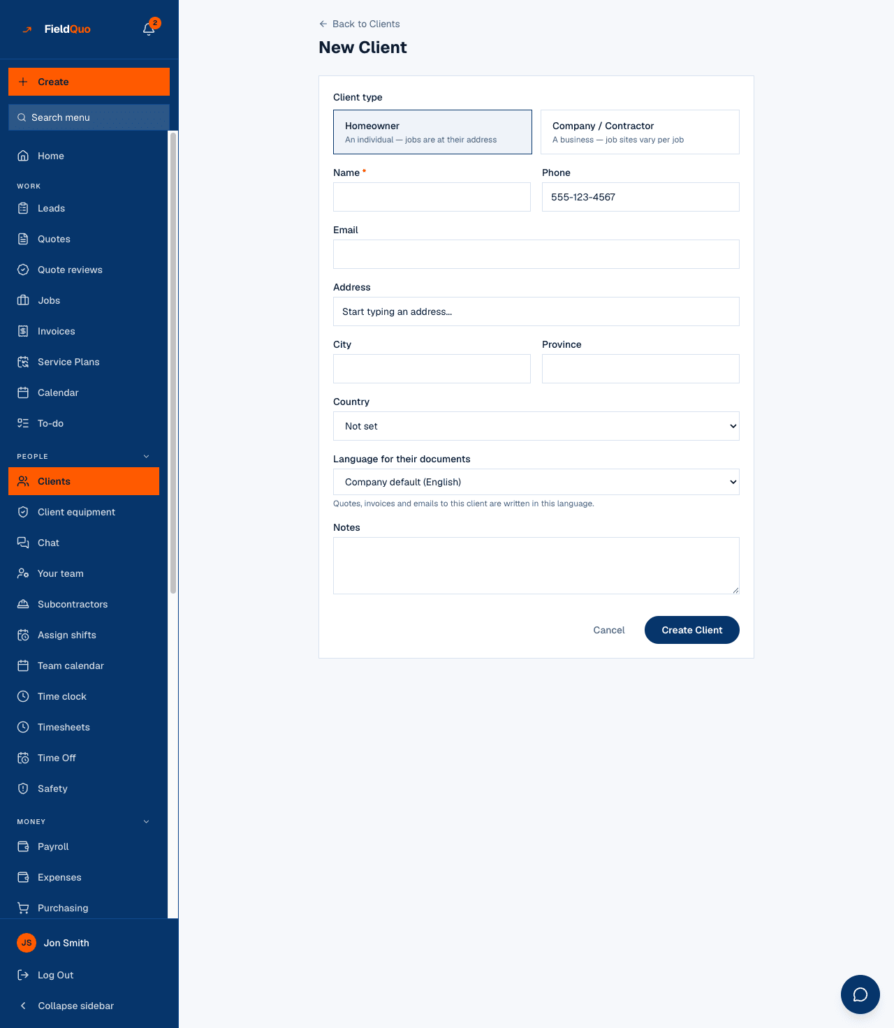 New Client — the Client type choice, the contact fields, the address with its city, province and country, the language picker and the notes box.
