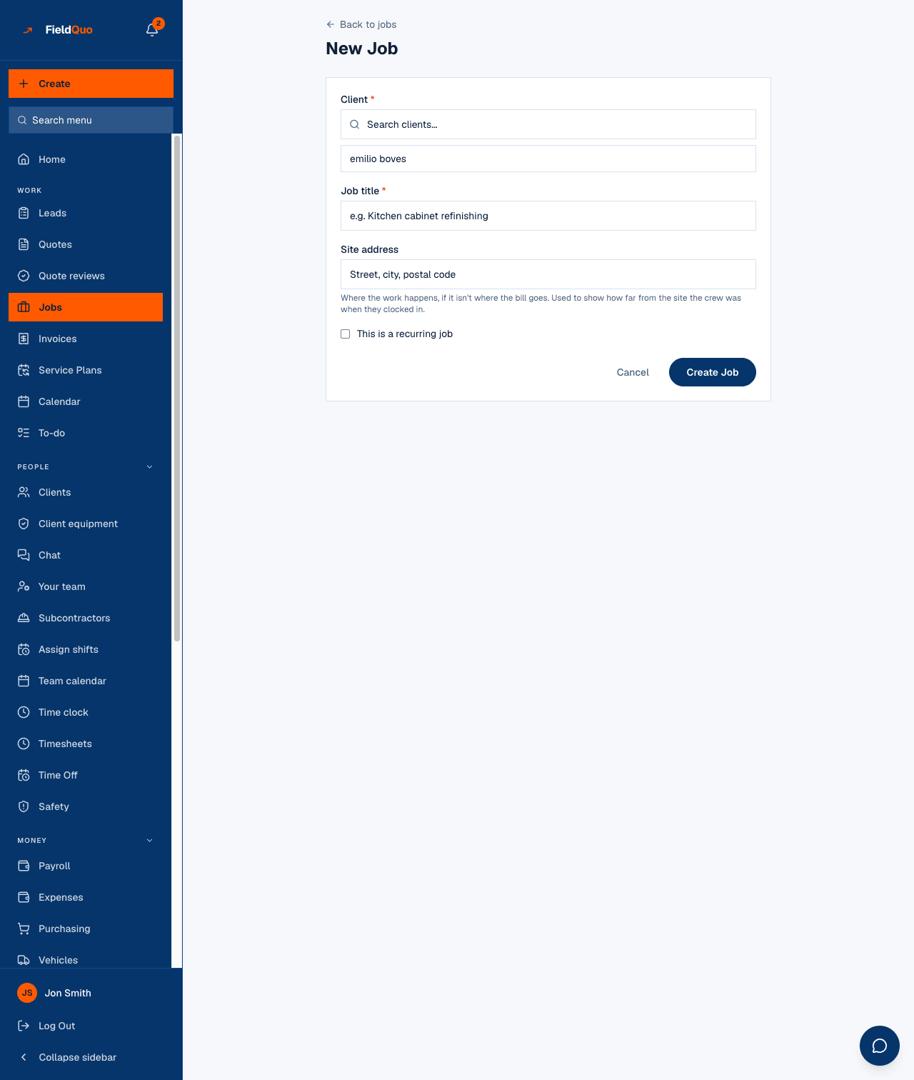 New Job — the client picker, the title, the optional site address and the recurring tick.
