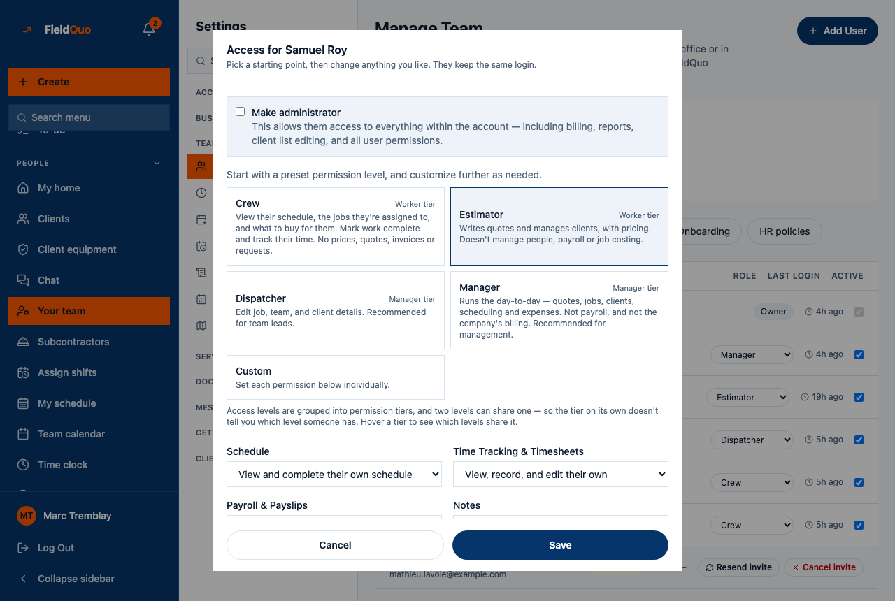 Manage Team — the Custom access editor open on an Estimator: Make administrator, the four level cards with their tier chips, Custom, and the first dials.