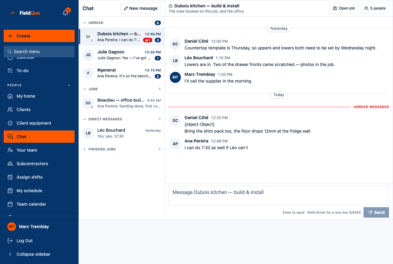Chat — the rooms grouped Unread, Company, Jobs, Direct messages and Finished jobs, a job room's thread, and its Members.