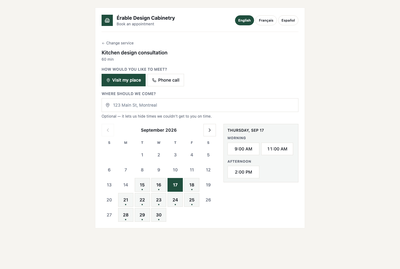 The booking page as a homeowner sees it — the company's logo and Book an appointment, Change service, Kitchen design consultation · 60 min, How would you like to meet?, Where should we come?, and the calendar with a day's Morning and Afternoon times.