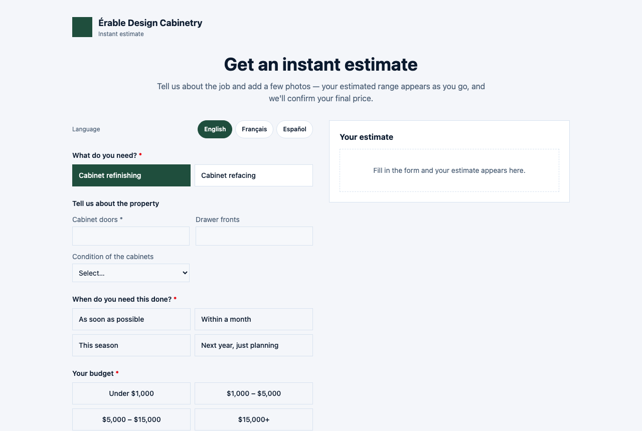 The instant estimate as a homeowner sees it — the company's logo and Instant estimate, Get an instant estimate, What do you need?, Tell us about the property, Your budget, Where's the job?, Your details, and the Your estimate panel waiting on the right.