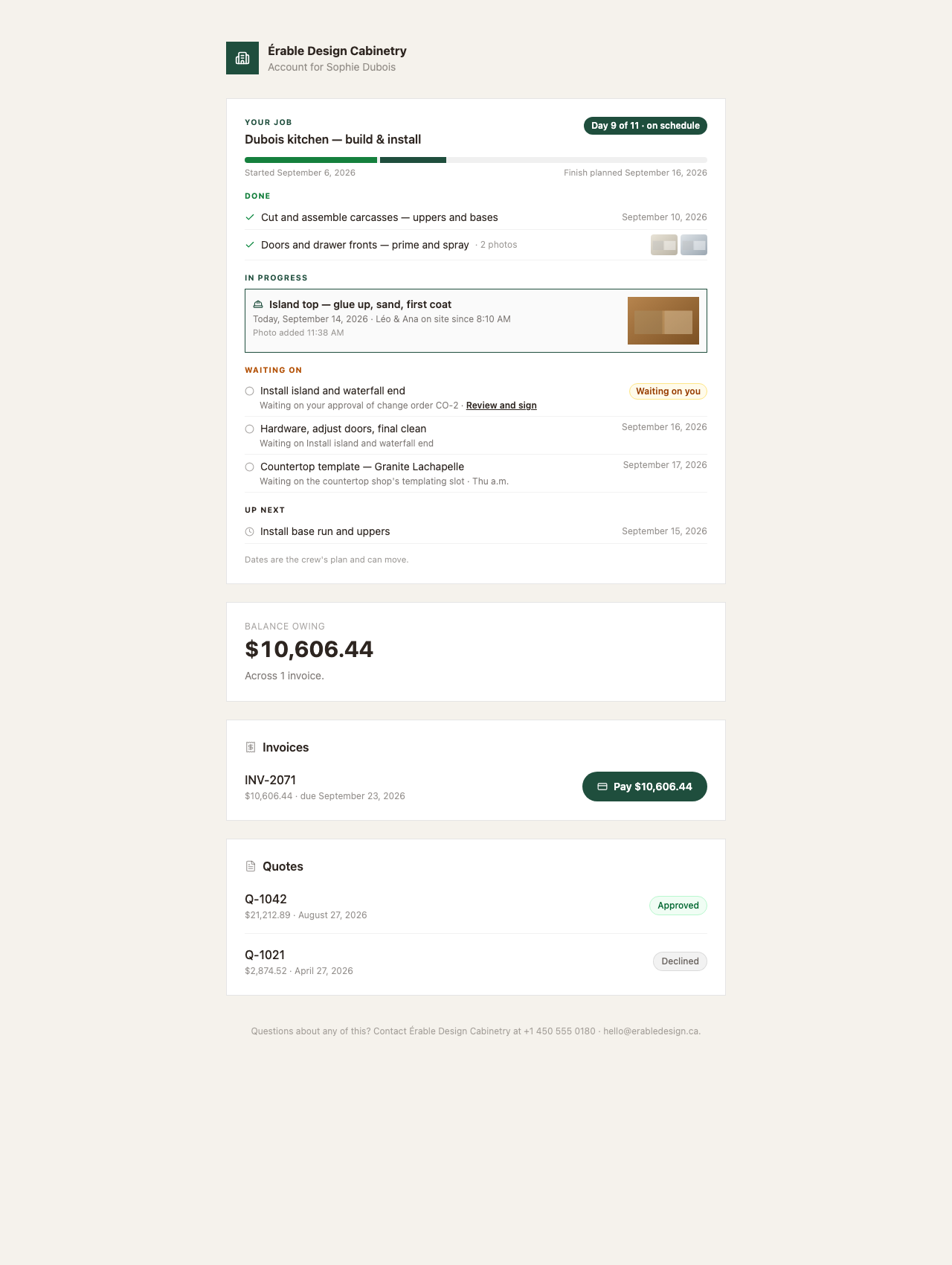 The client's portal — the invoice row with its Pay button, as the client sees it after opening the link in the email and going back to their account.