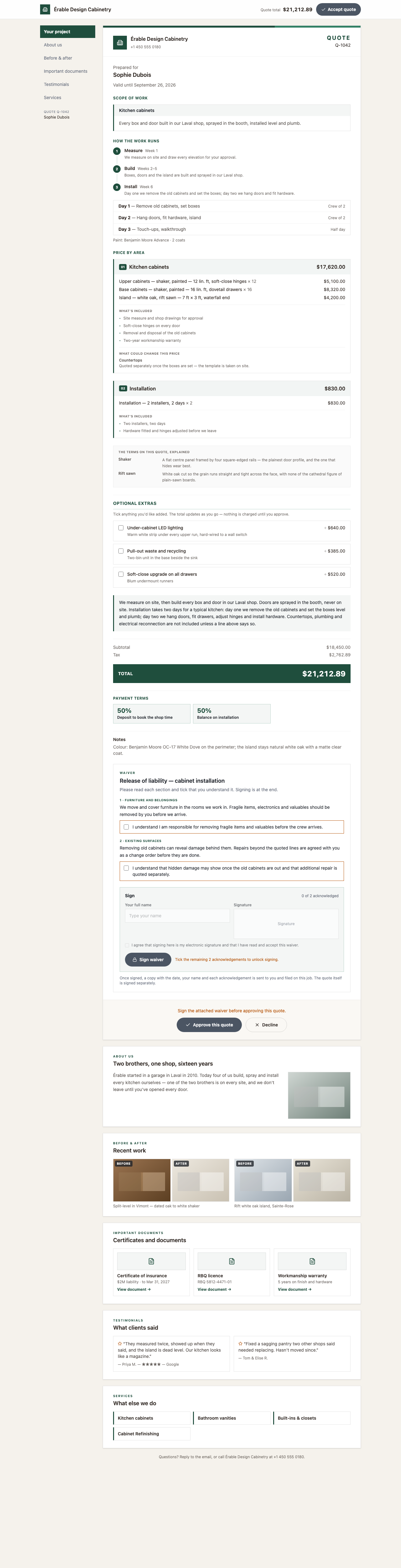 The approval page as the client sees it — the brand rule, the company's logo and phone, QUOTE Q-1042, Prepared for, the scope groups with what's included, the terms explained, Optional extras, How the work runs, Payment terms, the TOTAL band, then Approve this quote and Decline.