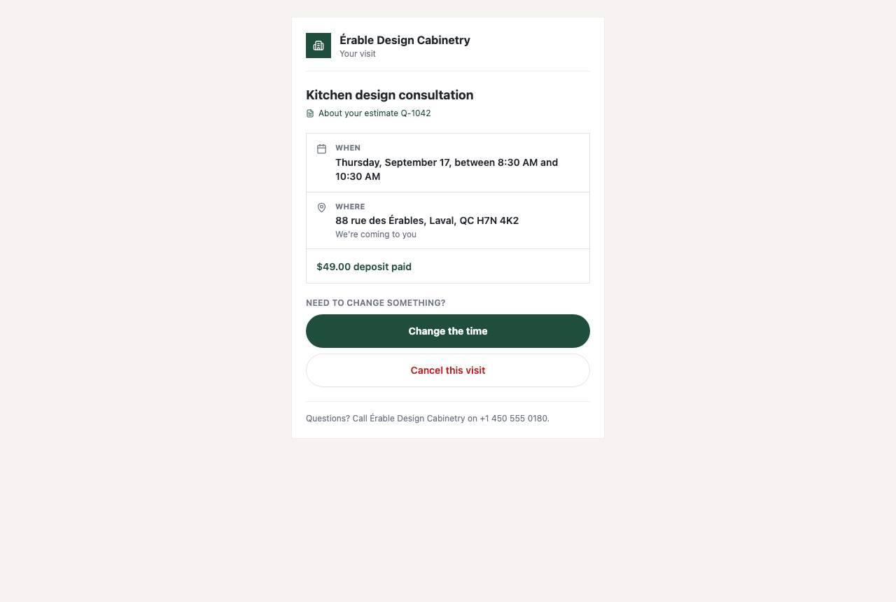 The visit page as the client sees it — Your visit, Kitchen design consultation, About your estimate Q-1042, When with the arrival window, Where with We're coming to you, $49.00 deposit paid, then Change the time and Cancel this visit.