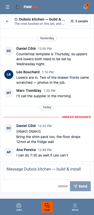 A job's chat room on a phone, with Chat highlighted in the tab bar and More on the right.