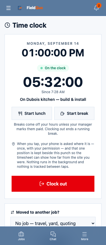 Time clock on a phone — On the clock since 7:28 on the Dubois kitchen job, the location note, the Clock out button, and Moved to another job? underneath.