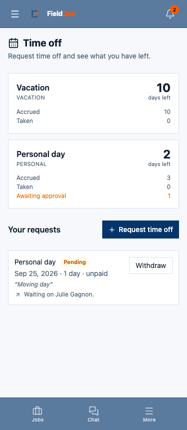 Time off on a phone — the Vacation and Personal day balance cards, Request time off, and a pending request with its Withdraw button.