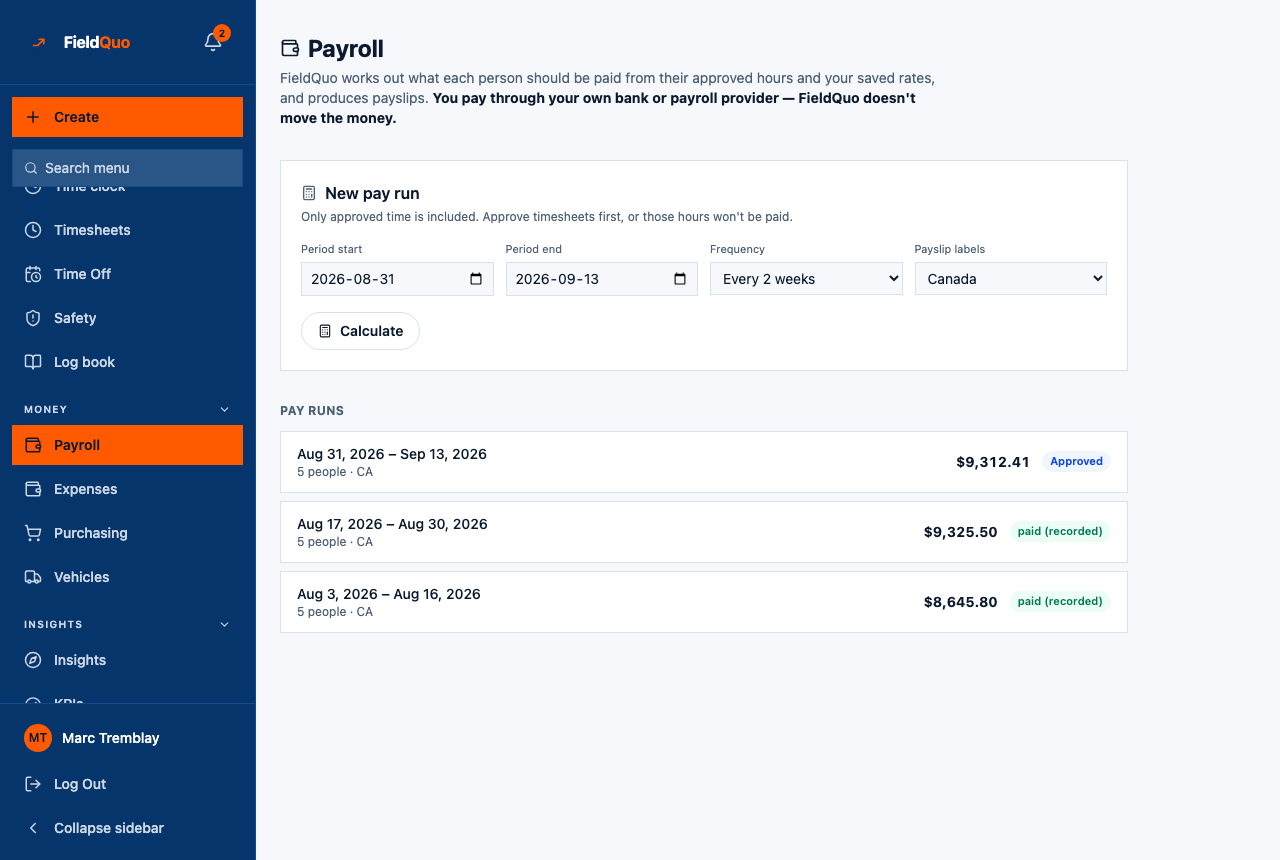 Payroll — the New pay run form pre-filled with the last closed period, and the Pay runs list with an Approved run and two recorded as paid.