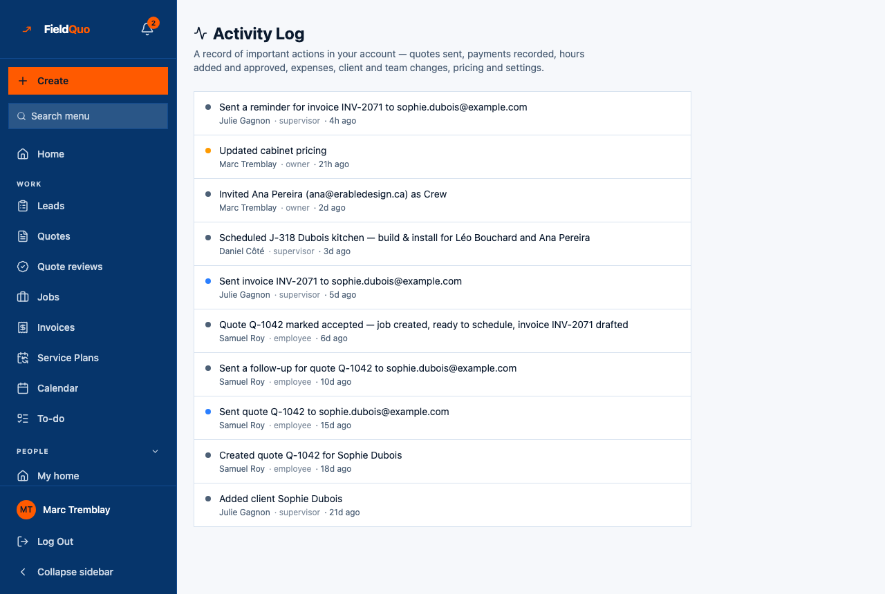 Settings → Activity Log — one line per action with its dot, the sentence, and who did it, their level and how long ago.