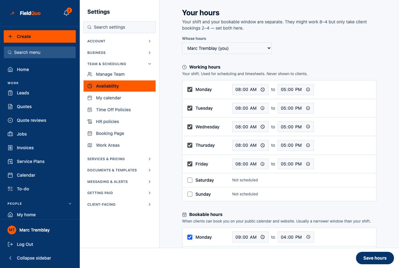 Settings → Availability — the Whose hours picker, then Working hours and Bookable hours, each a checkbox per weekday with a start and an end.