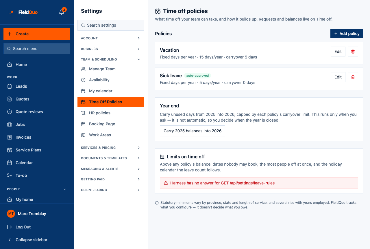 Settings → Time Off Policies — the Policies list with a Vacation and an auto-approved Sick leave policy, and the Year end card.