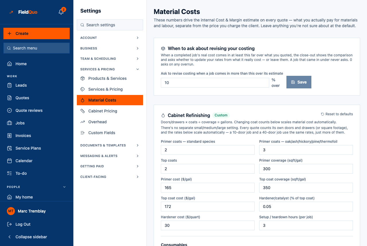 Settings → Material Costs — the revision threshold, then the Cabinet Refinishing recipe with coats, coverage and price per gallon.