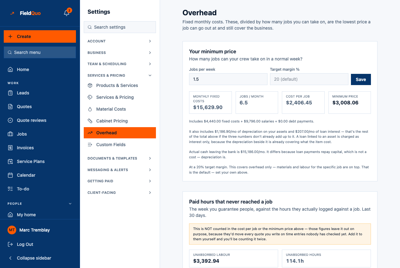 Settings → Overhead — Your minimum price with its four tiles, and the note explaining what the total includes.