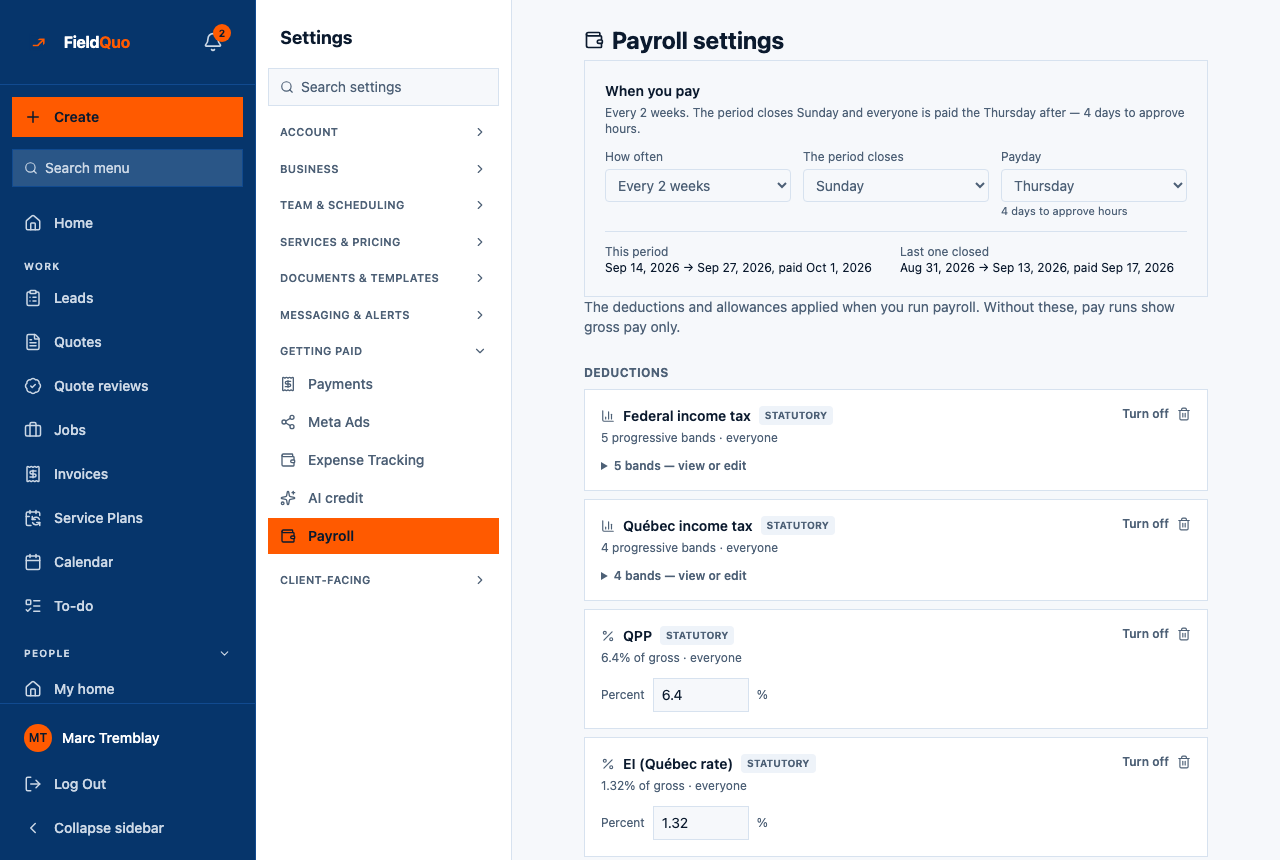 Settings → Payroll — the When you pay card, then the Deductions list with statutory rows and the Allowances & earnings list.