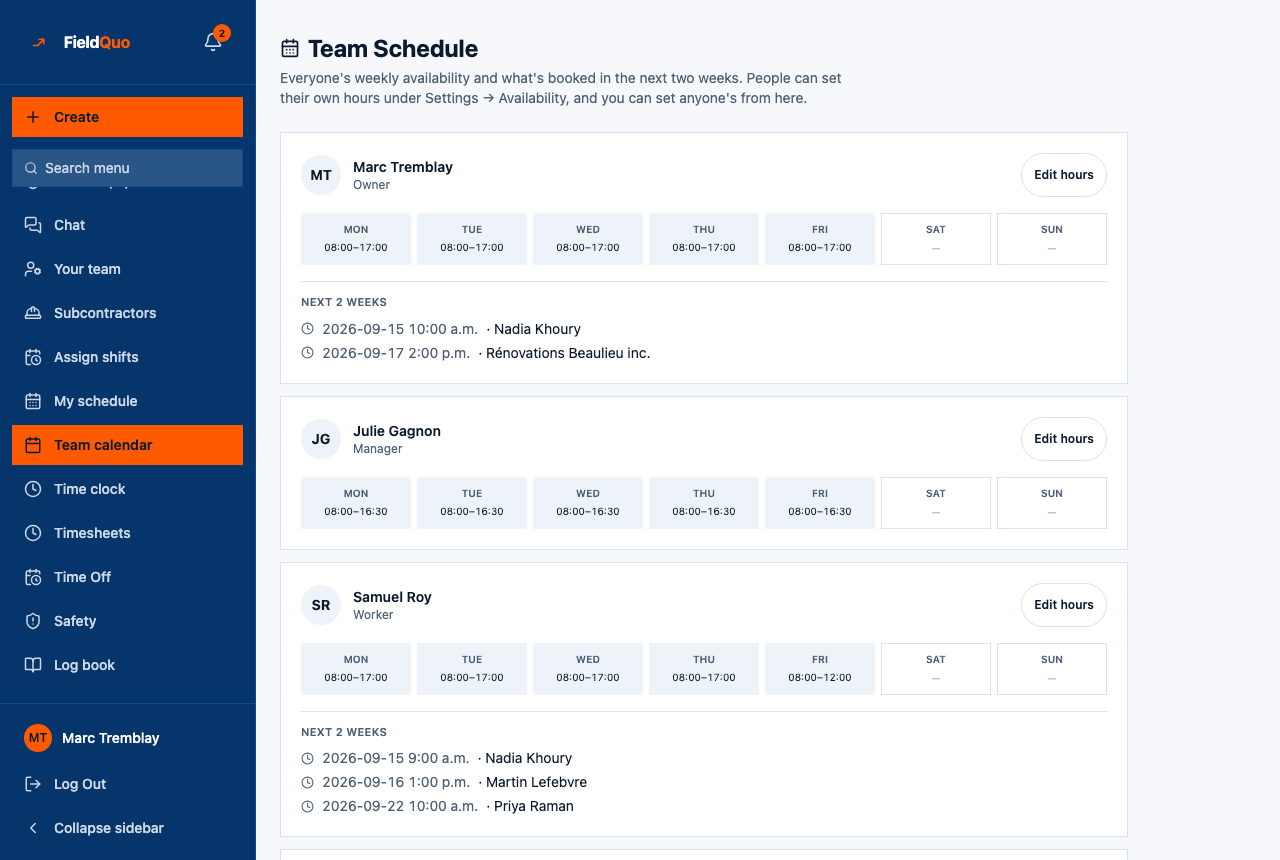 Team Schedule — a card per person, the Mon–Sun strip of bookable hours, Edit hours, and the next two weeks of bookings.