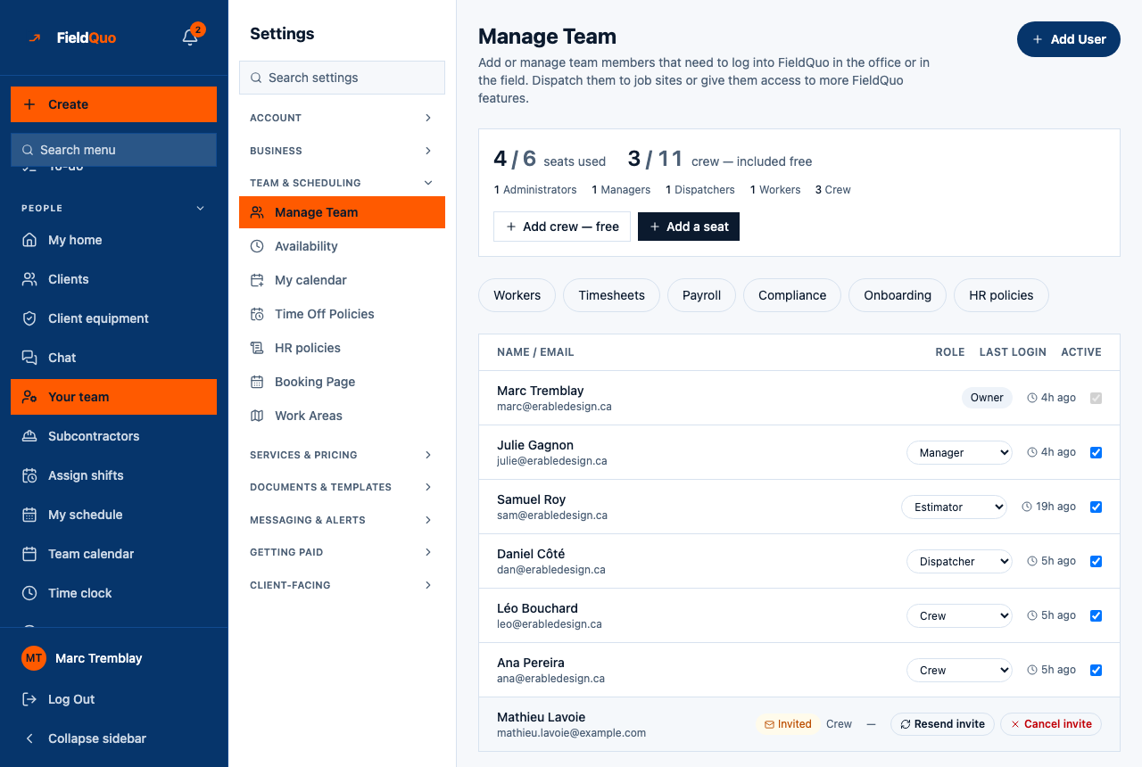 Manage Team on a six-person shop — 4 / 6 seats used, 3 / 11 crew, a level dropdown on every row the owner may change, and one pending invitation with Cancel invite.