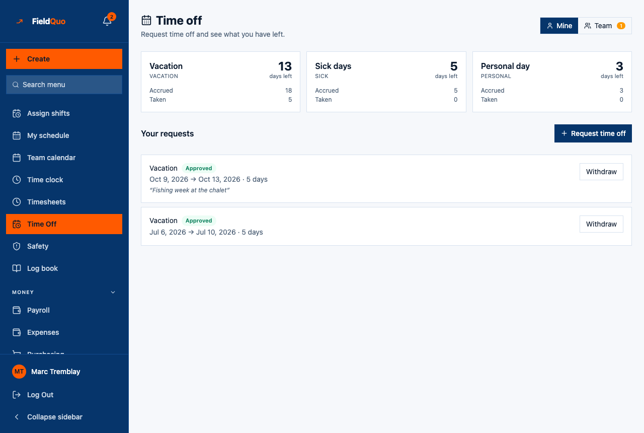 Time Off — the balance cards, Your requests, and a pending request with its Withdraw button.