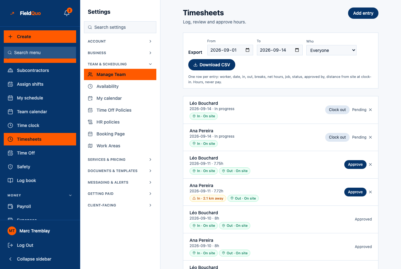 Timesheets — one row per punch, the In and Out chips, an Approve button on the rows waiting, and the position legend underneath.