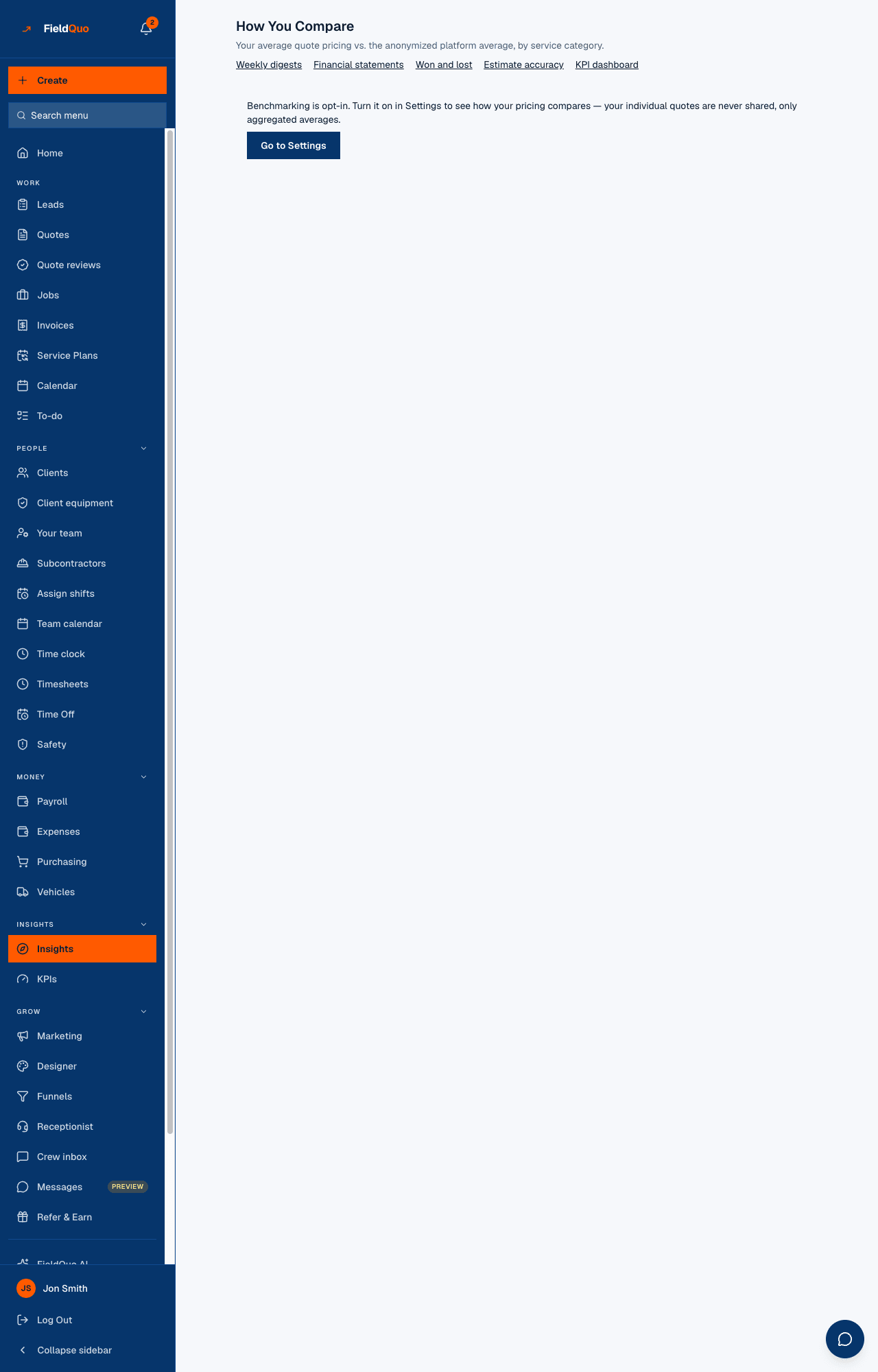 Insights → How You Compare before opting in — the note, the Go to Settings button and the links to the rest of the group.