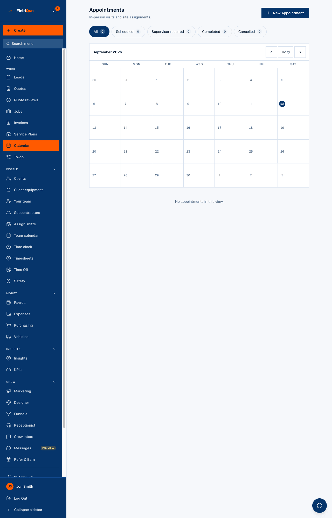 Appointments — the status chips with counts, the month grid, and the list of rows for the month or the selected day.