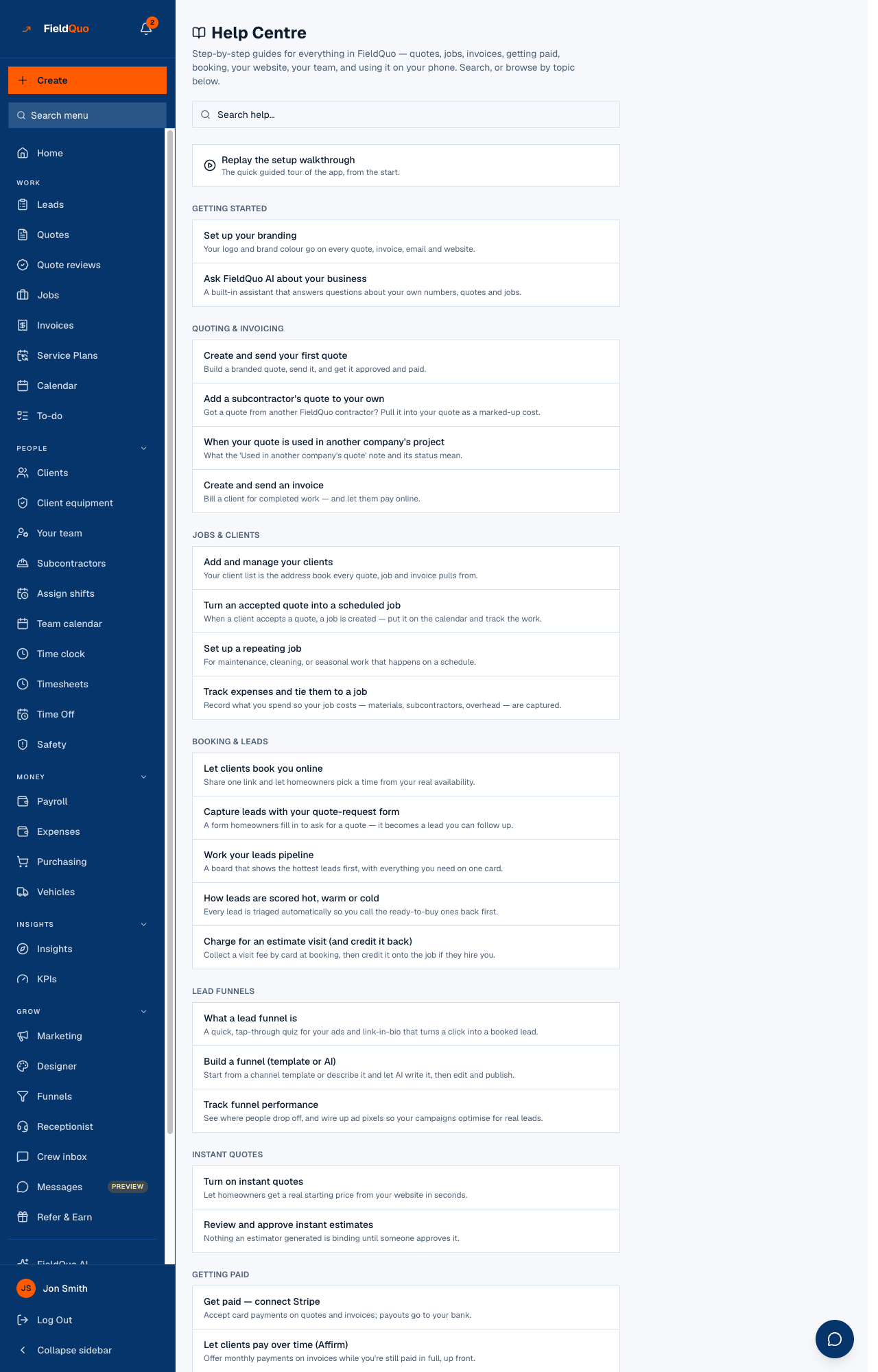 Help — the search box, the Replay the setup walkthrough card, and the articles by topic.