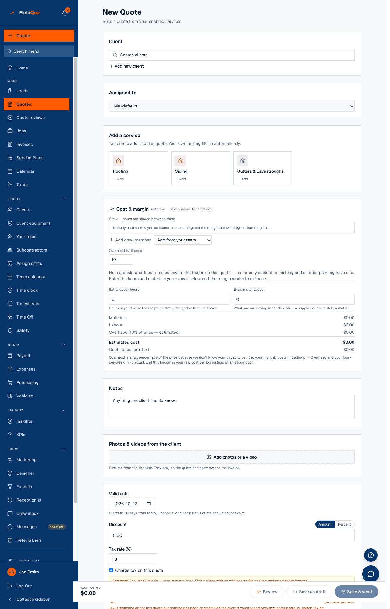 New Quote — Client, Assigned to, Add a service, Cost & margin, Notes, Photos & videos, then the totals bar with Review, Save as draft and Save & send.