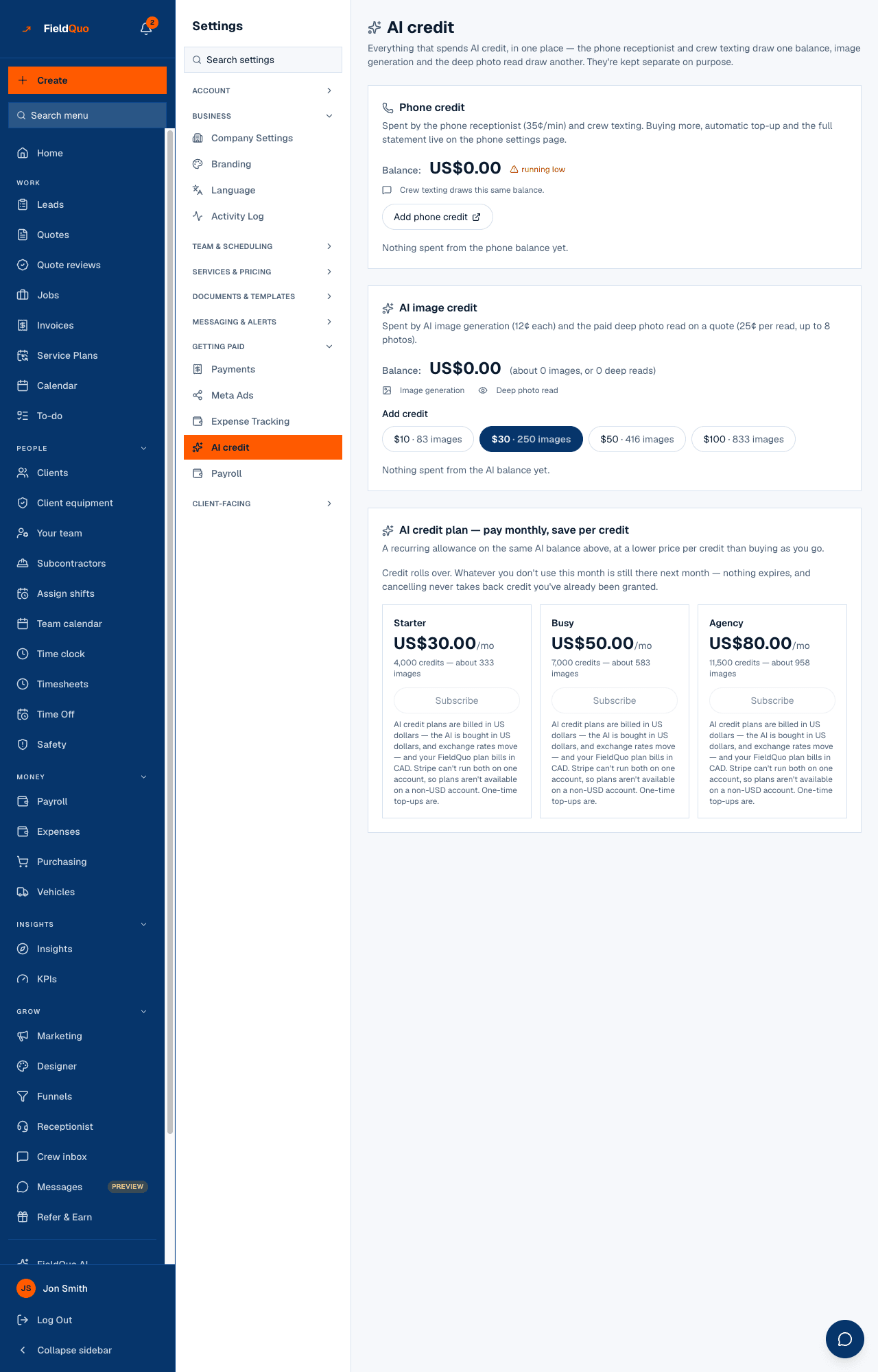 Settings → AI credit — the AI image credit card names what a deep read costs and how many the balance covers.