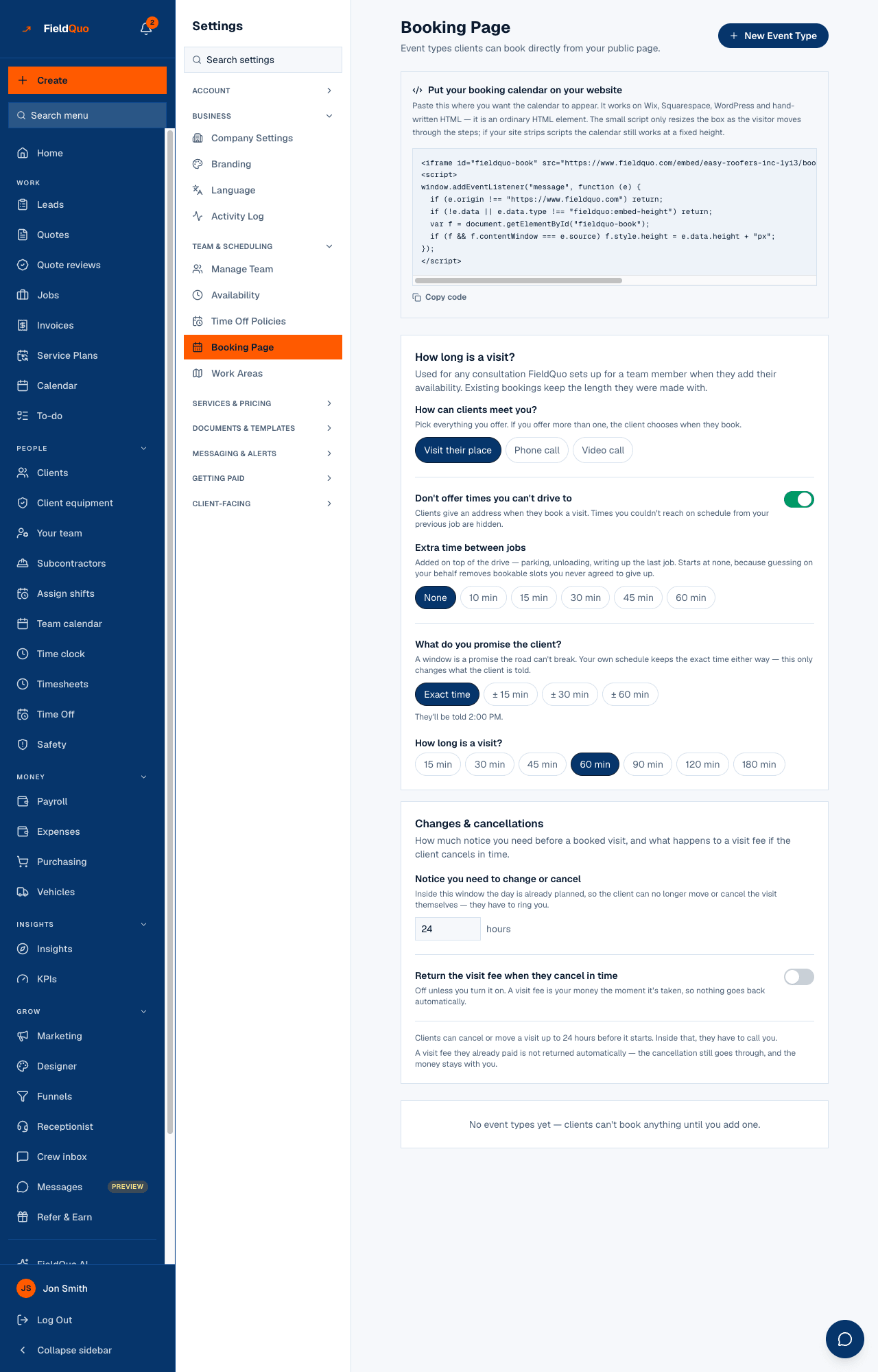 Settings → Booking Page — the embed snippet, How long is a visit?, the meeting modes, travel and arrival window, Changes & cancellations, and one card per event type.