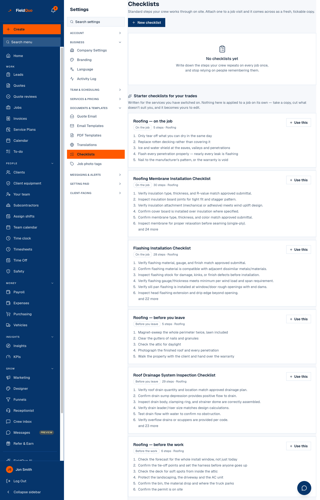 Settings → Checklists — your own lists with their phase and step count, then the starter checklists for your trades.