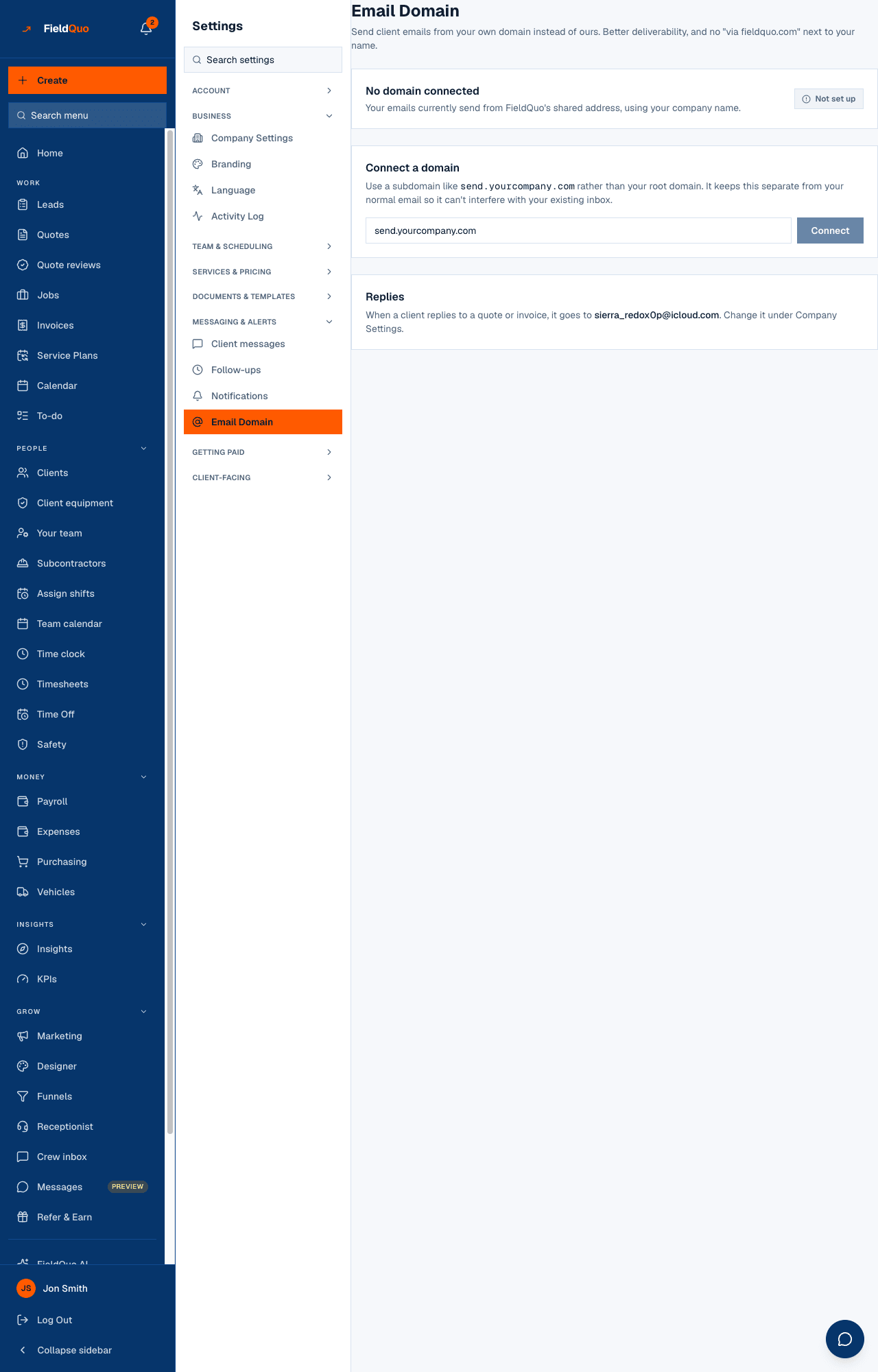 Settings → Email Domain — the domain with its status, the sender address, and where replies go.
