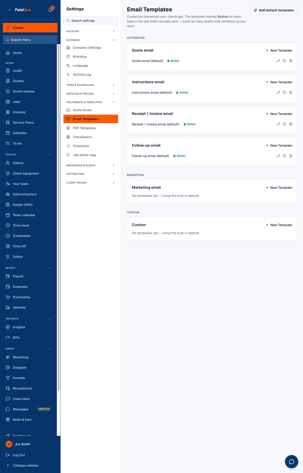 Settings → Email Templates — Automated, Marketing and Custom, one Active template per type.