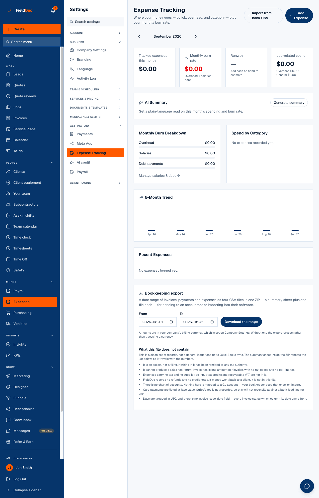Settings → Expense Tracking — the month stepper, the four cards, AI Summary, the two breakdowns, the 6-Month Trend and Recent Expenses.