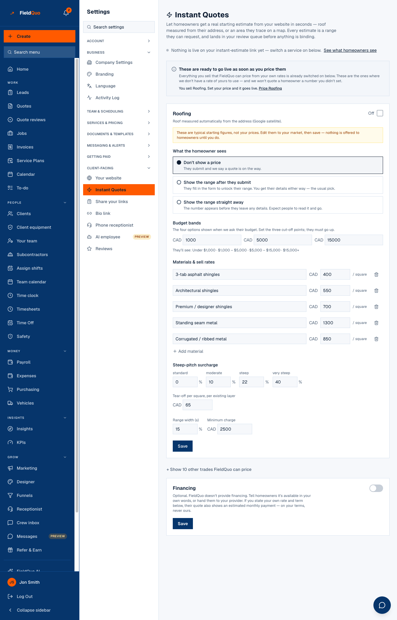Settings → Instant Quotes — the live count, the embed snippet, then a card per trade with its switch, visibility choice and rates.
