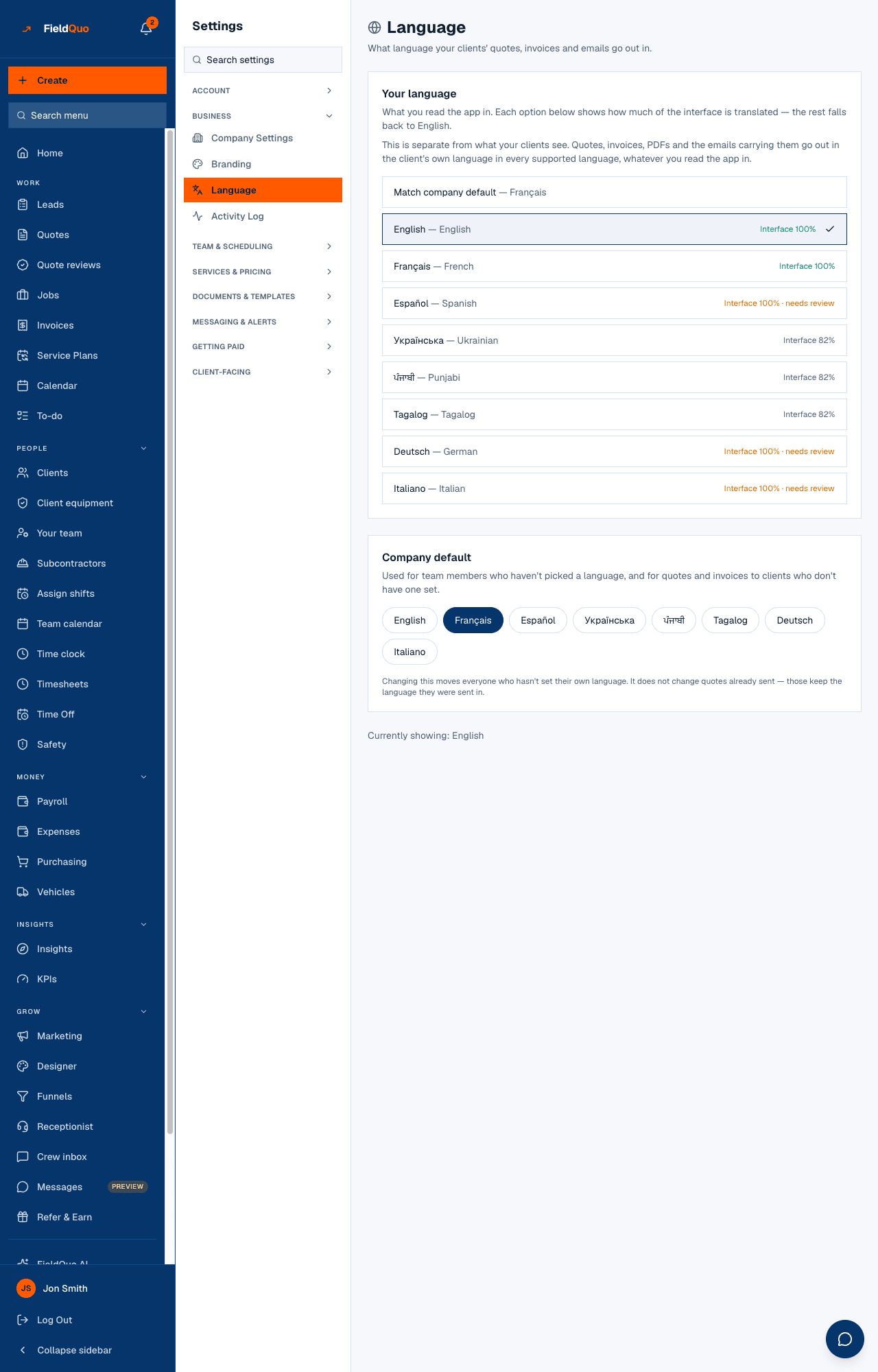 Settings → Language — Your language with the coverage badge on each row, and the Company default pills below.