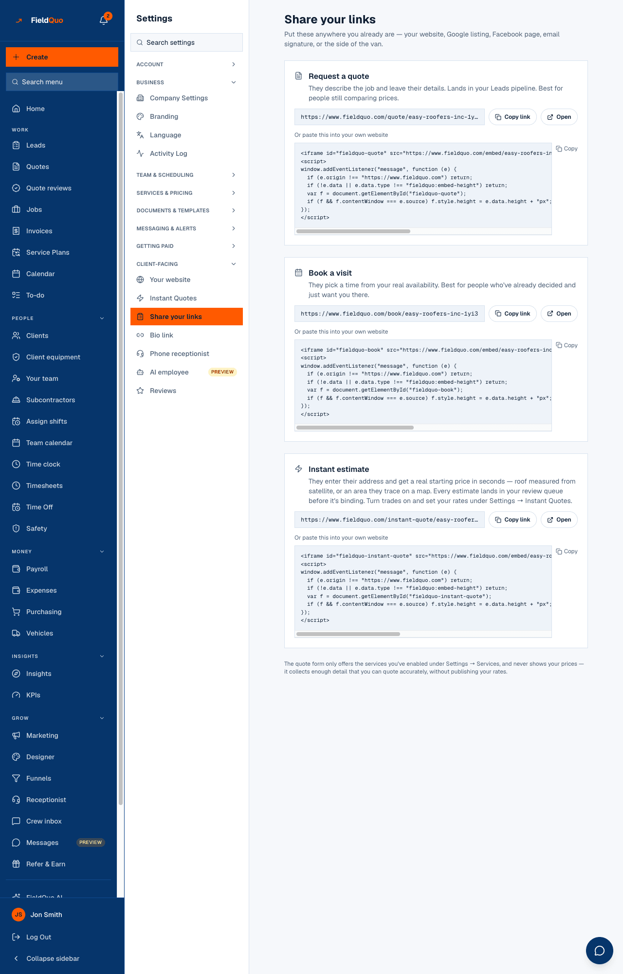 Settings → Share your links — the Request a quote, Book a visit and Instant estimate cards, each with its link and embed snippet.