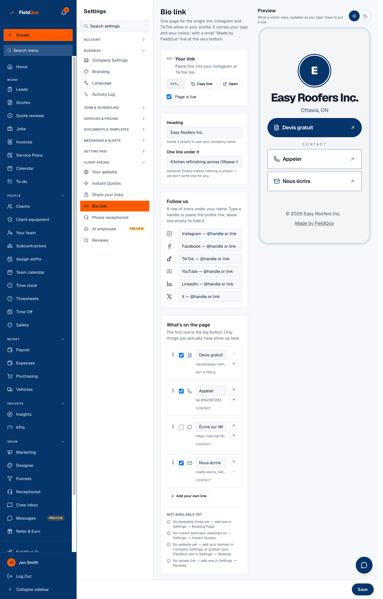 Settings → Share your links — the Request a quote card with its link and embed code.