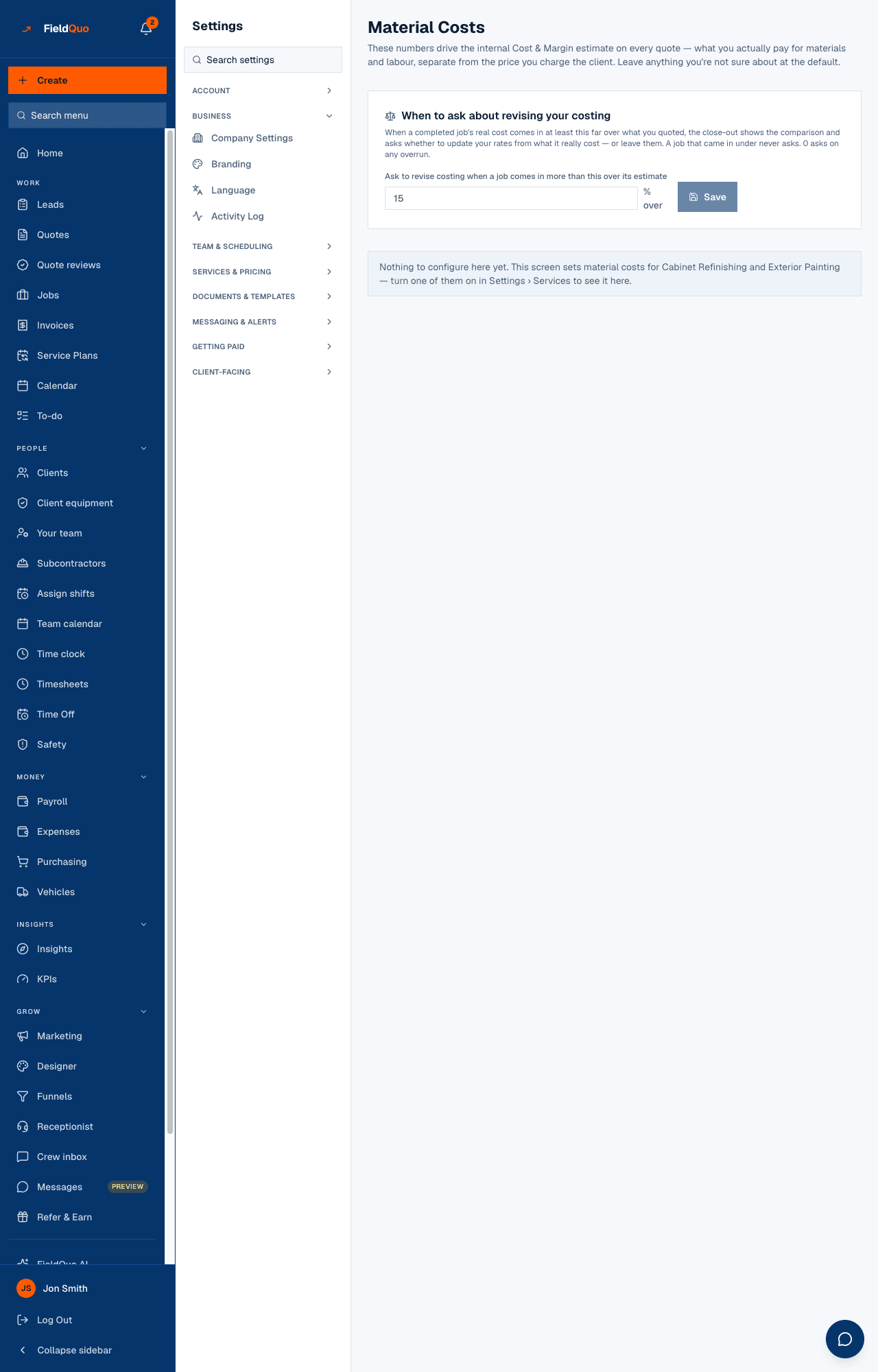 Settings → Material Costs — the threshold at the top decides when the close-out asks about revising your costing.