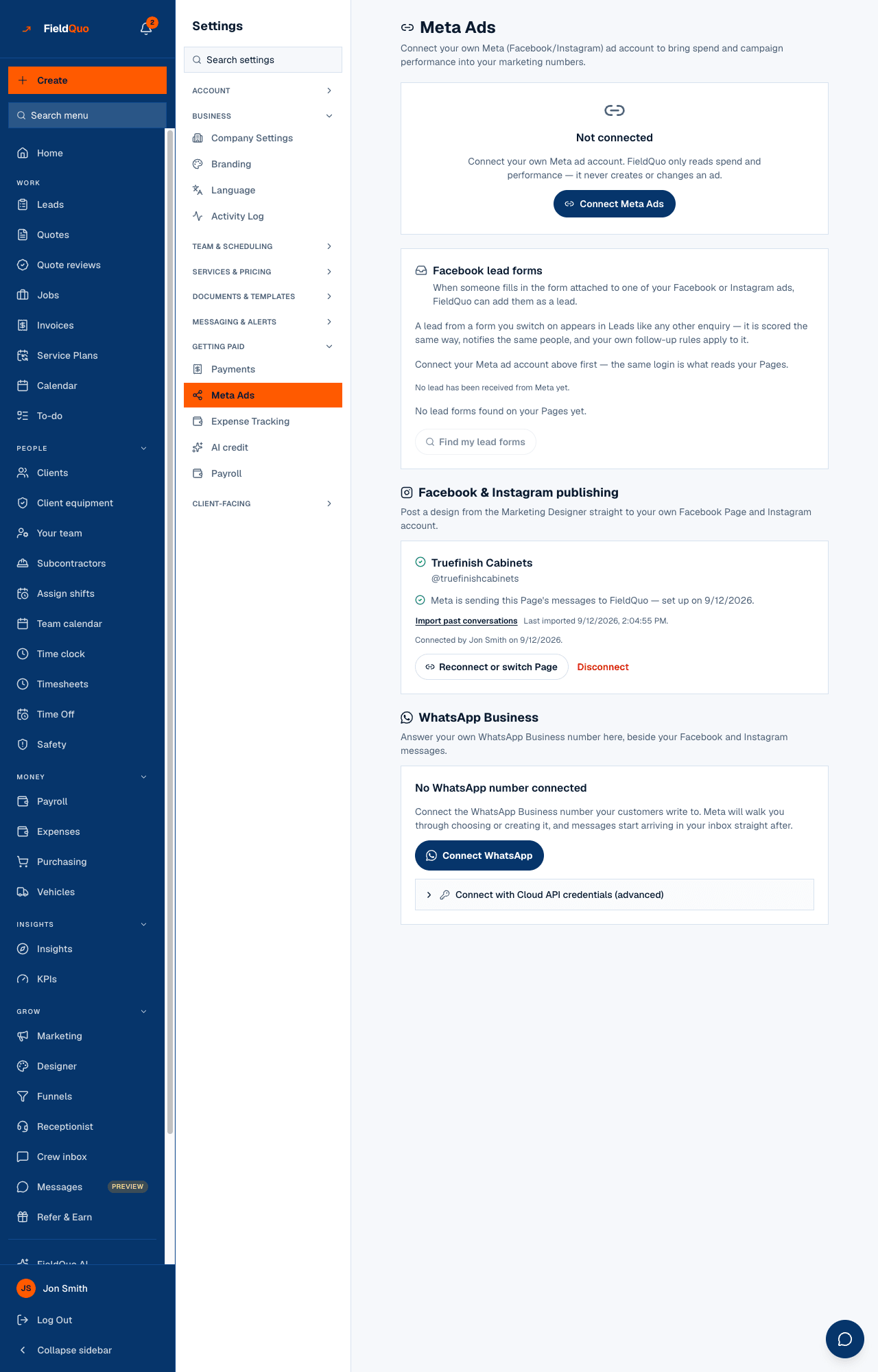 Settings → Meta Ads — the Facebook lead forms card, with Find my lead forms, and the Facebook & Instagram publishing card below it that the forms are read through.
