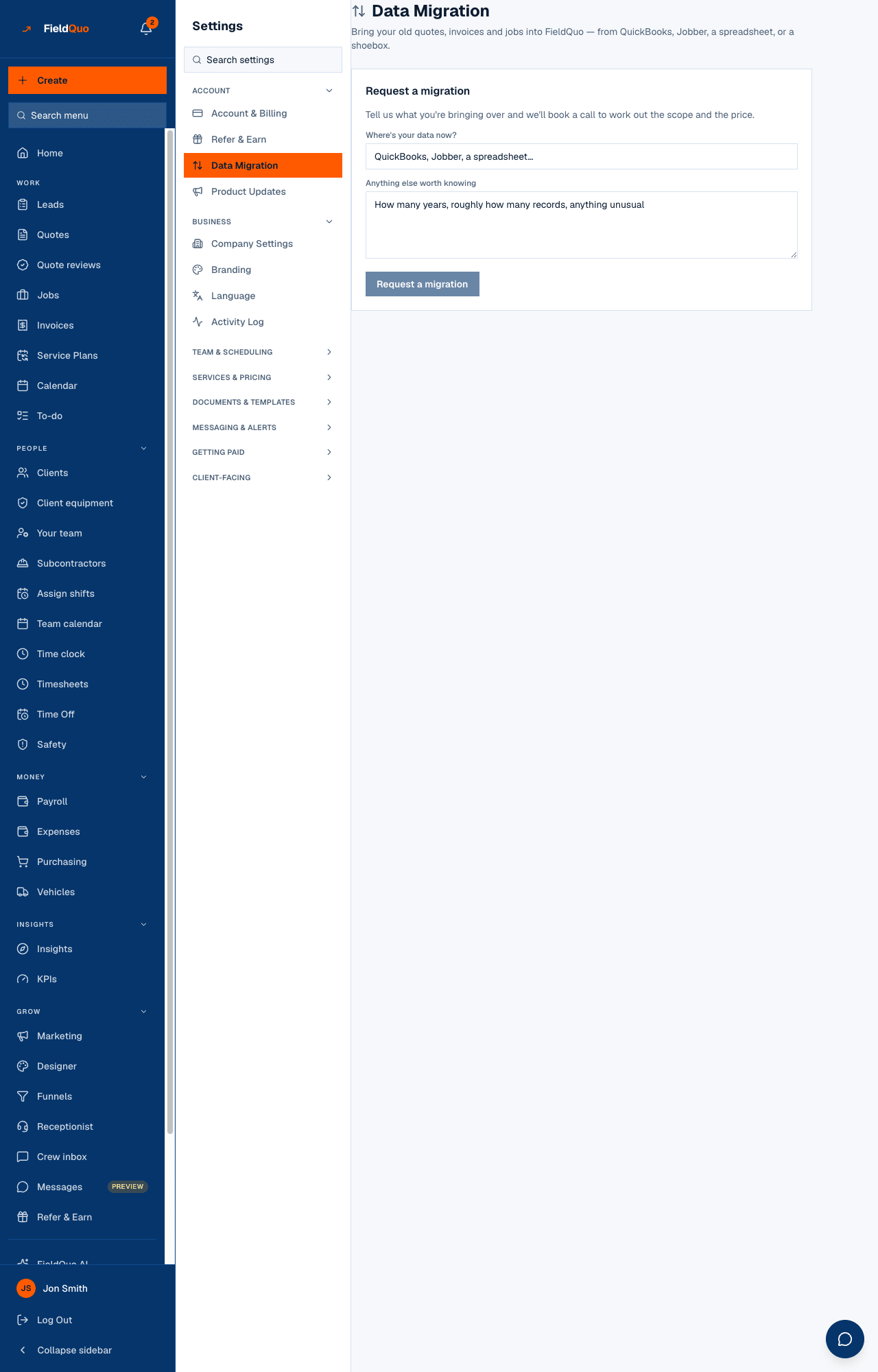 Settings → Data Migration — the request card with its status badge, the price with Accept and Decline, and Documents with Upload a file below.