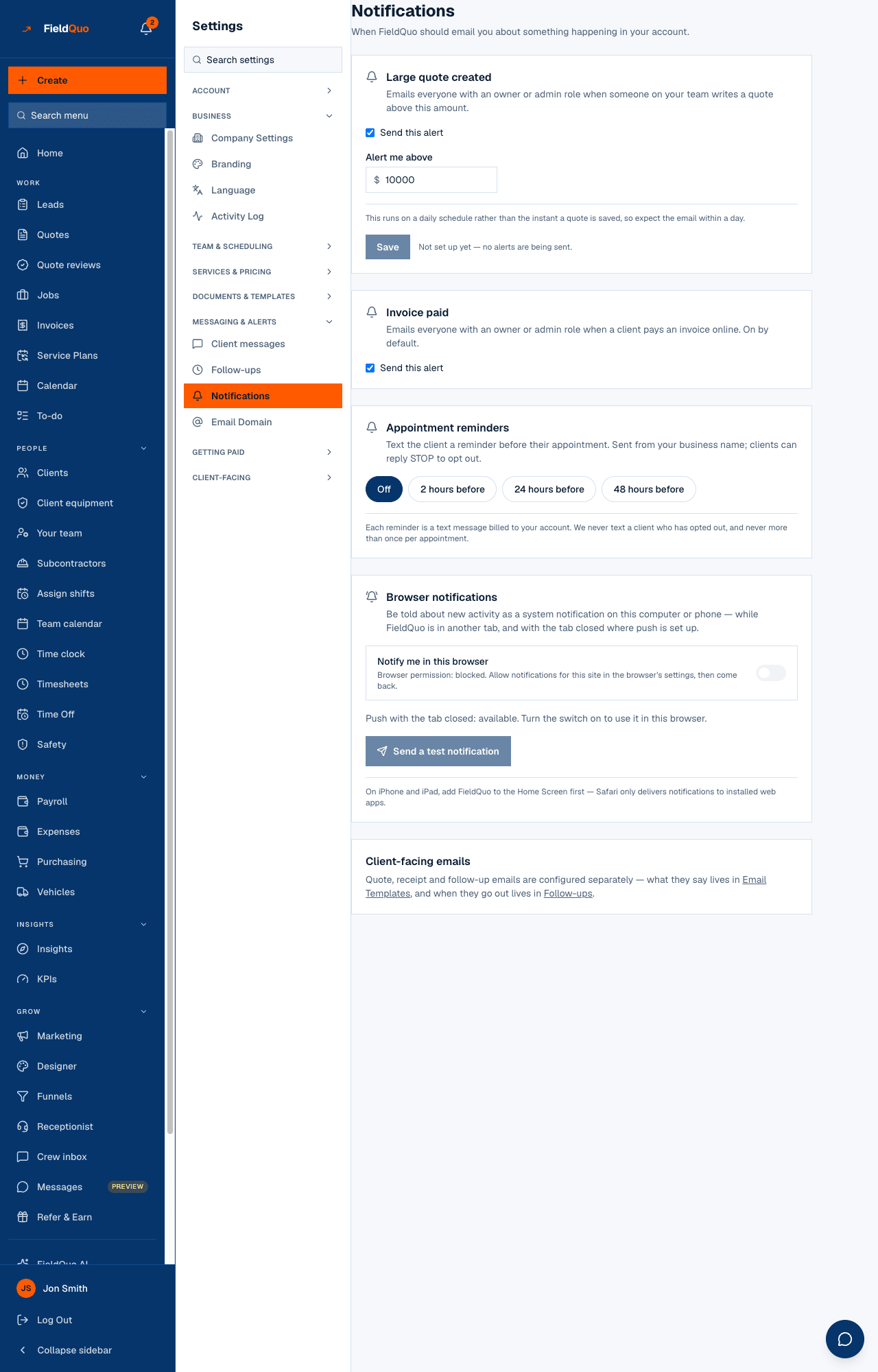 Settings → Notifications — Large quote created with its threshold, Invoice paid, the four Appointment reminder pills, and the browser card.