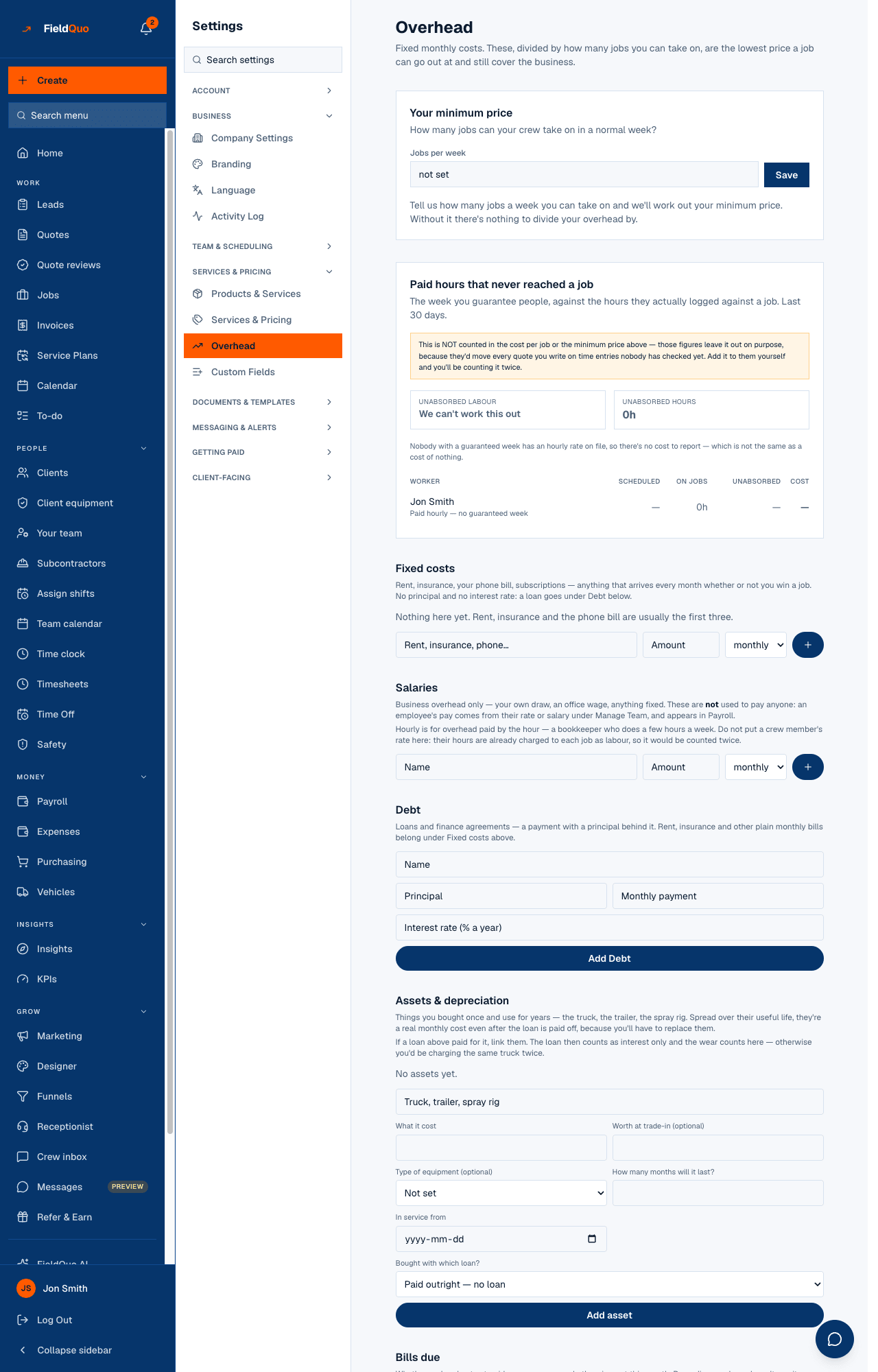 Settings → Overhead — Your minimum price with Jobs per week and the four tiles, then Paid hours that never reached a job, and the registers below.