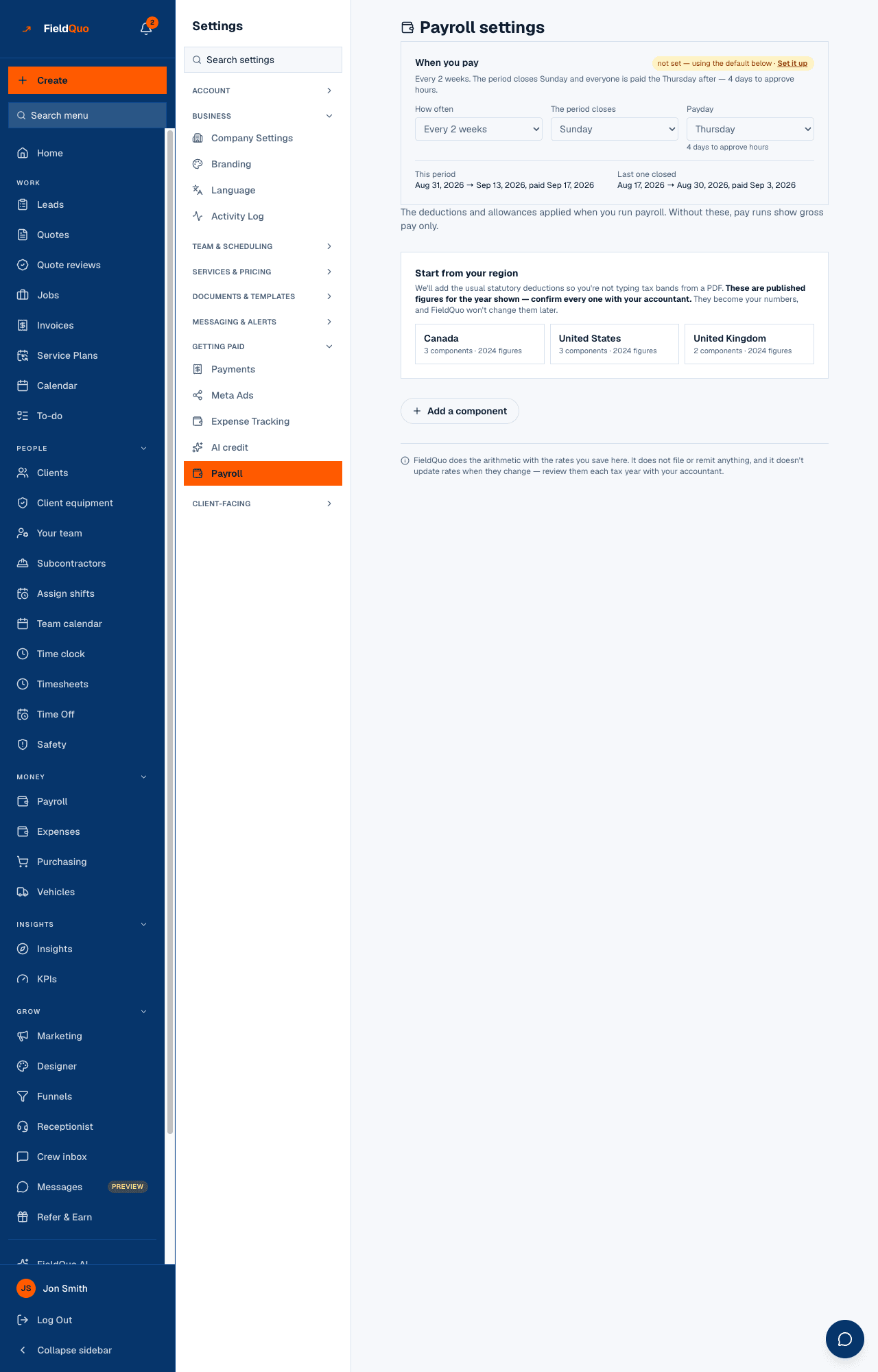 Settings → Payroll — When you pay, the regional starting points, and the deduction and earning components.