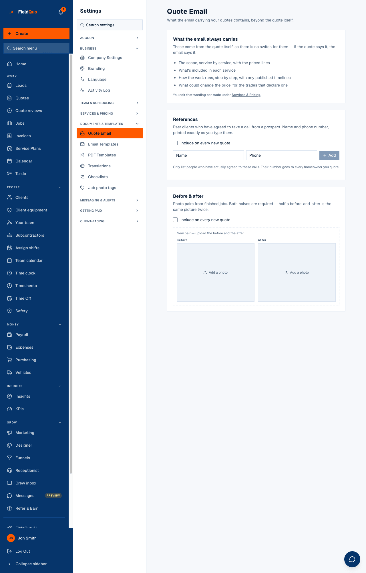 Settings → Quote Email — what the email always carries, the References list with its Include on every new quote switch, and the before-and-after pairs.