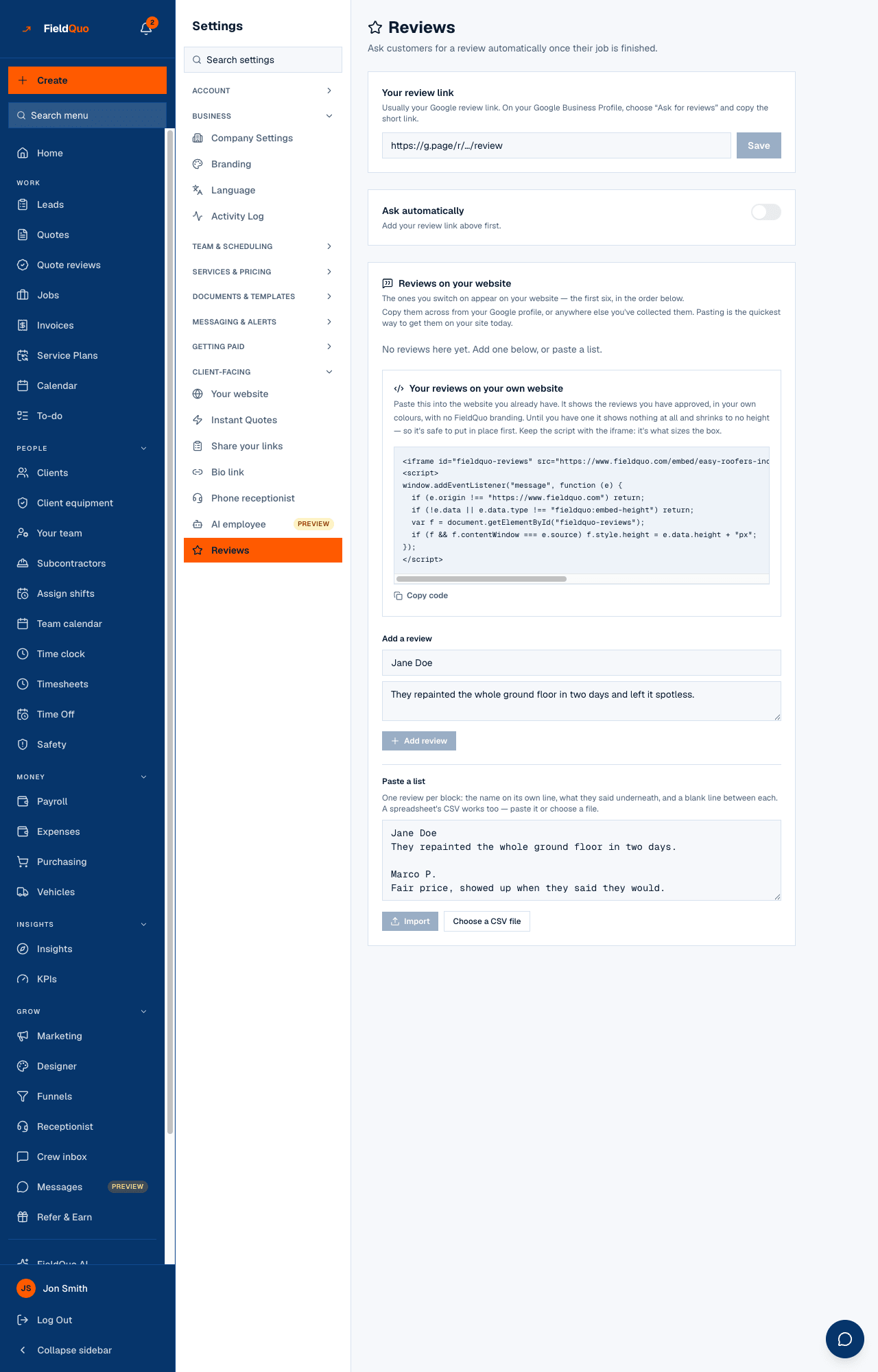 Settings → Reviews — Your review link with Save, the Ask automatically switch, the When to ask chips, and Reviews on your website below.