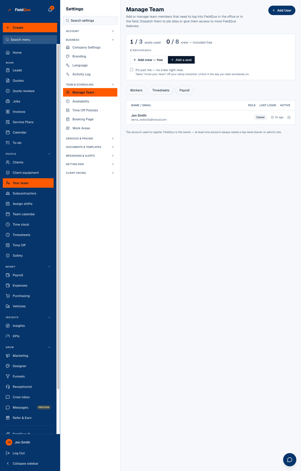 Manage Team on a one-person company — the seat panel (1 / 3 seats used, 0 / 8 crew — included free), the Workers, Timesheets and Payroll tabs, and the roster with the owner's row.