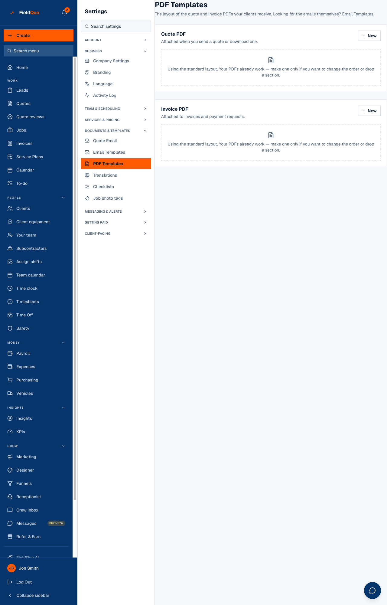 Settings → PDF Templates — the Quote PDF and Invoice PDF cards, each on the standard layout.