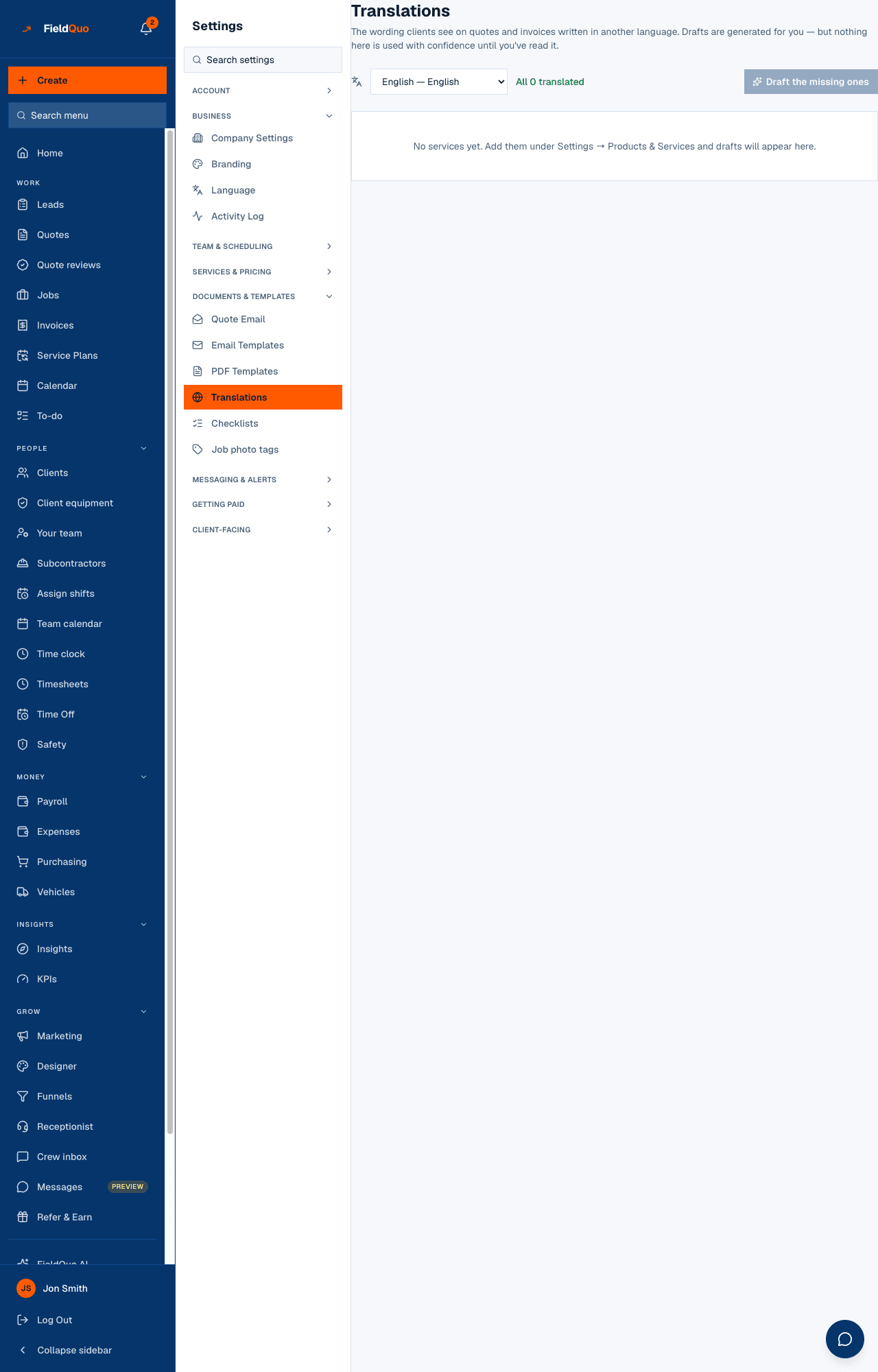 Settings → Translations — the language picker, the missing count and the per-service columns with Mark reviewed.