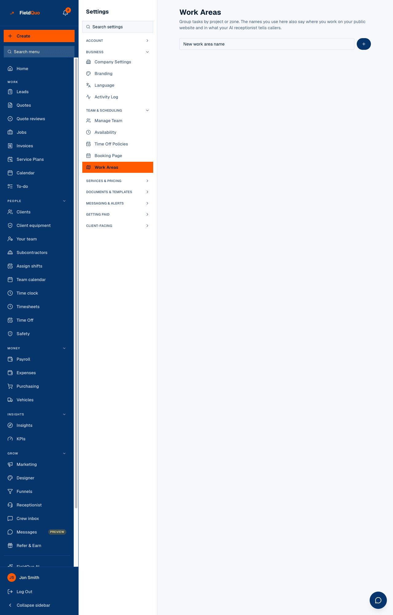 Settings → Work Areas — the New work area name box, before any area exists.