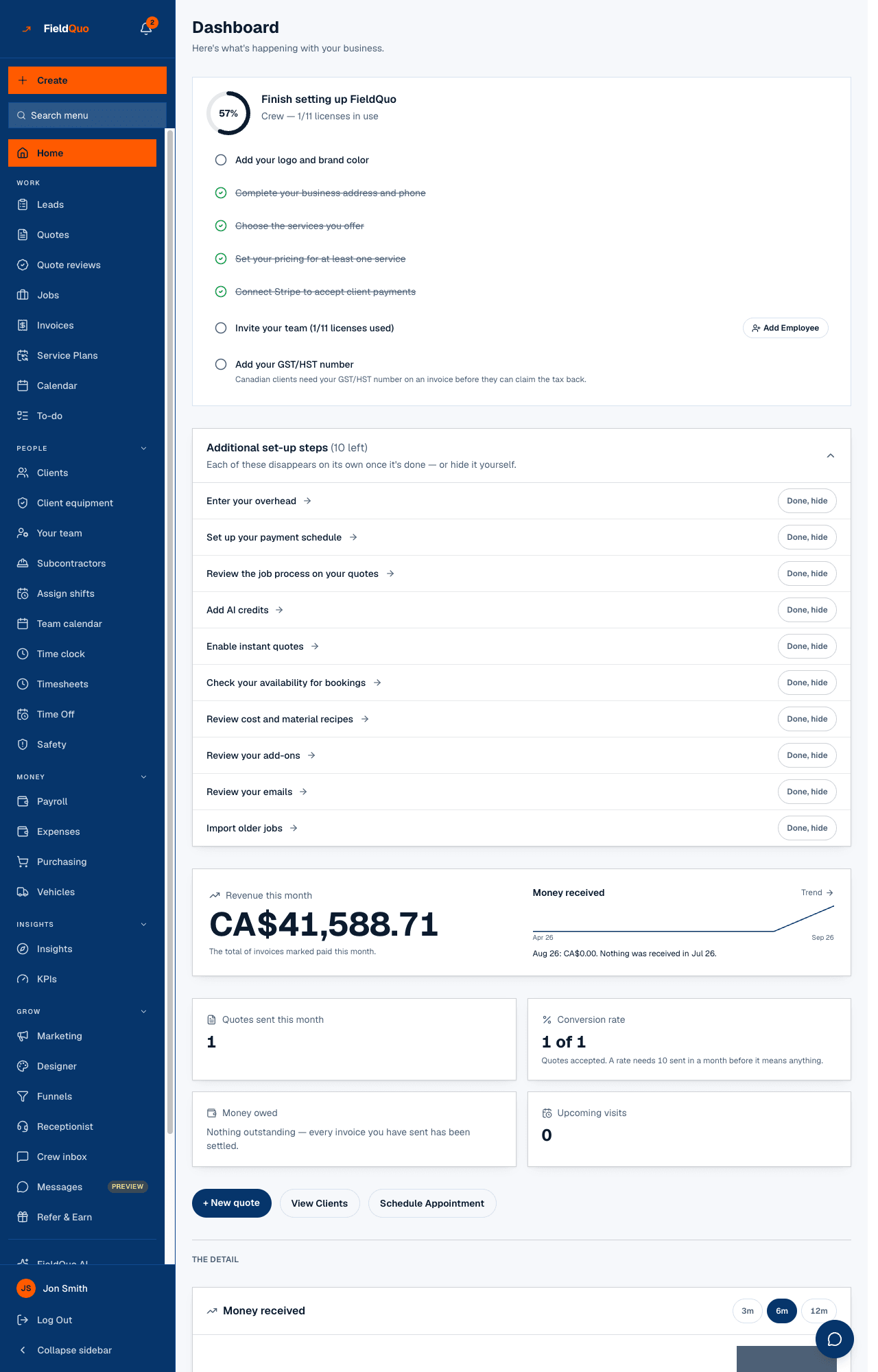 Home — Waiting on you, then Revenue this month with its sparkline, then the four tiles.